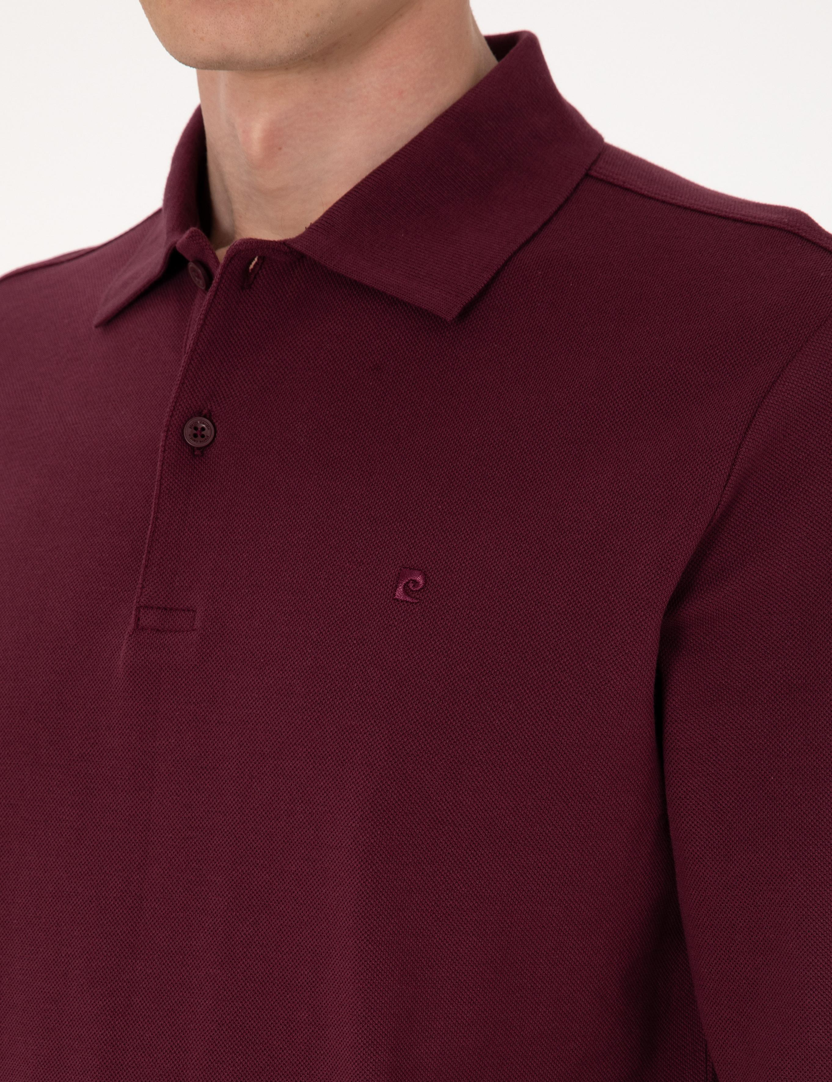 Bordo Slim Fit Kıvrılmaz Polo Yaka Basic Pike Sweatshirt