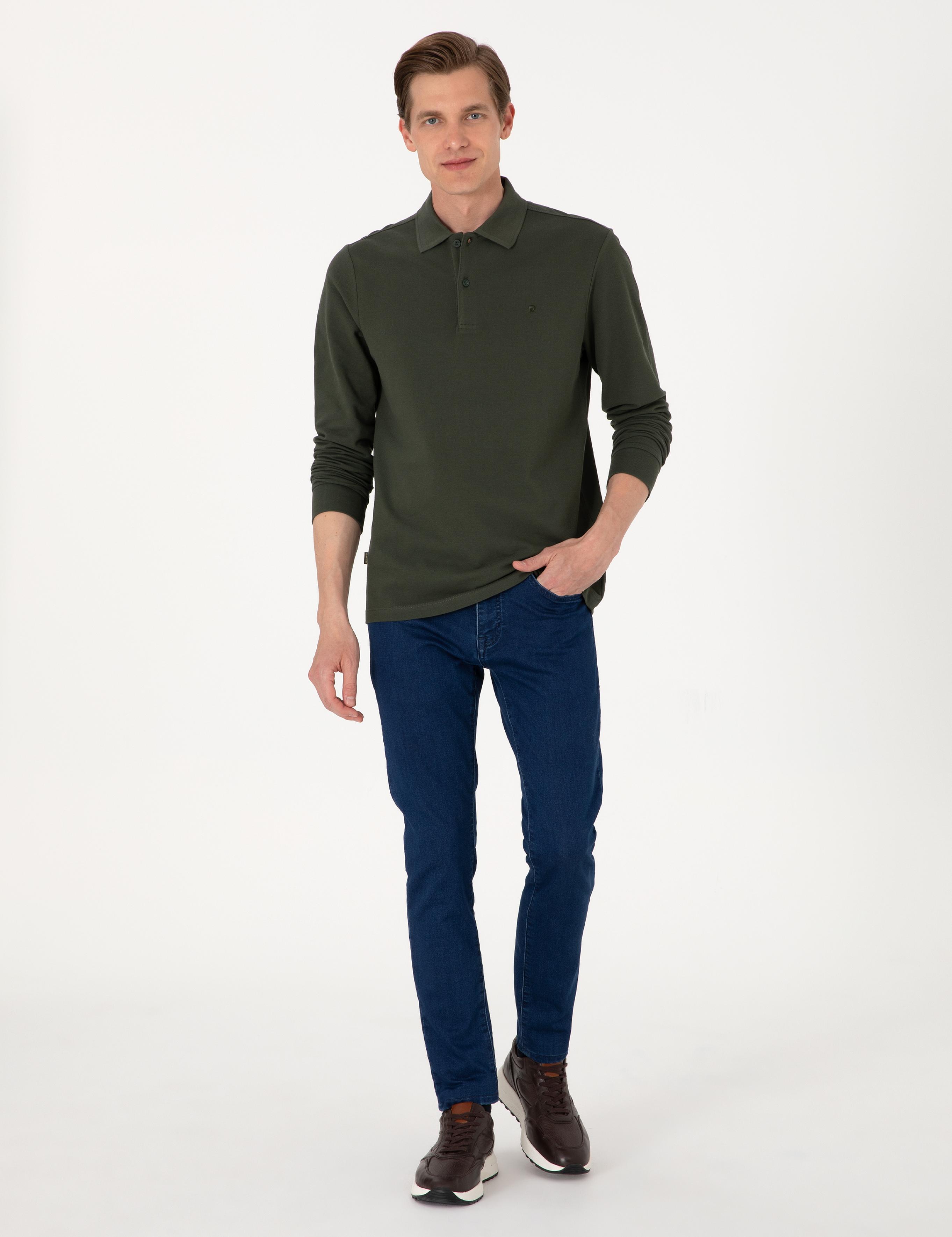 Koyu Yeşil Slim Fit Kıvrılmaz Polo Yaka Basic Pike Sweatshirt