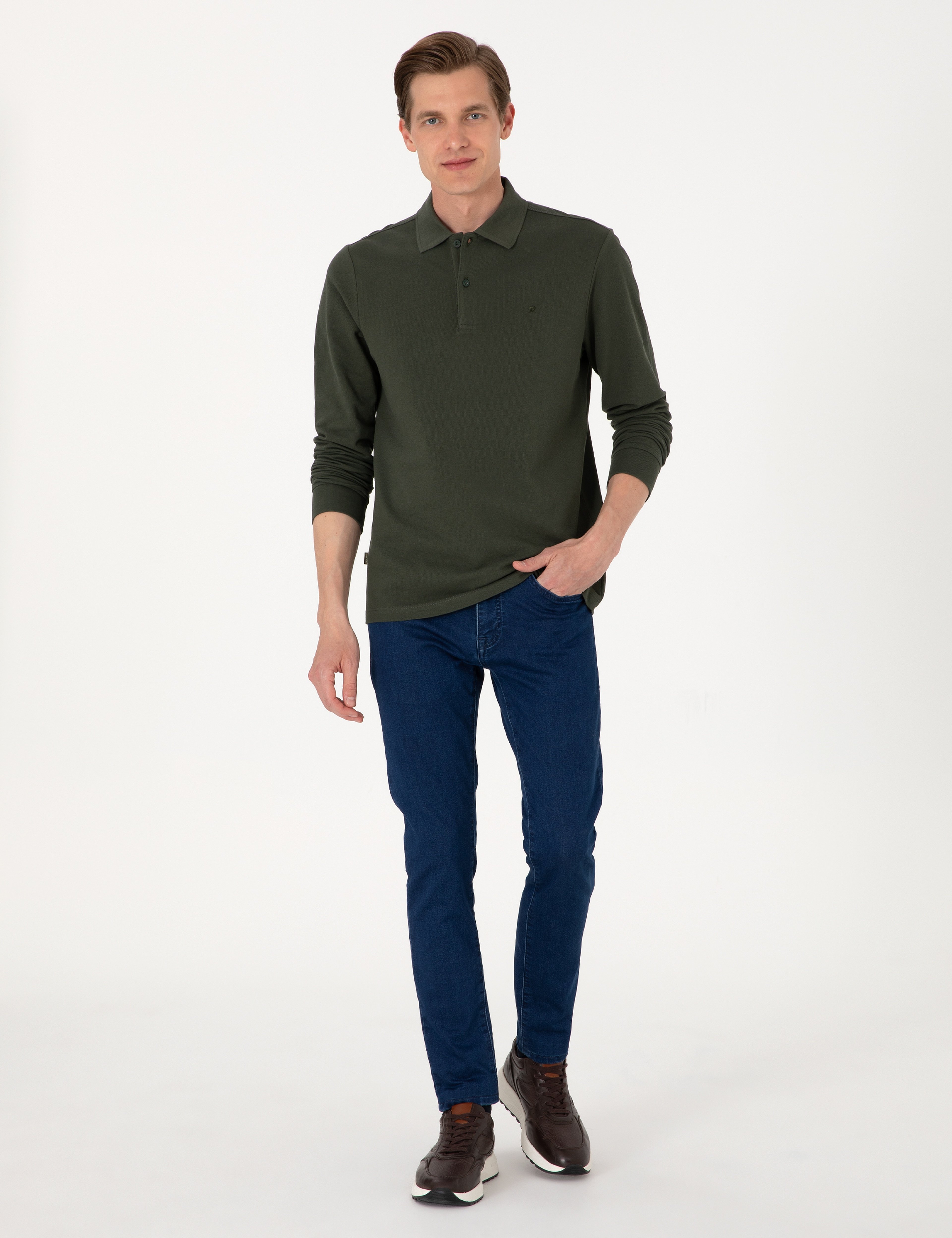 Koyu Yeşil Slim Fit Kıvrılmaz Polo Yaka Basic Pike Sweatshirt