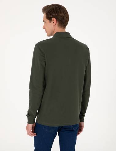 Koyu Yeşil Slim Fit Kıvrılmaz Polo Yaka Basic Pike Sweatshirt