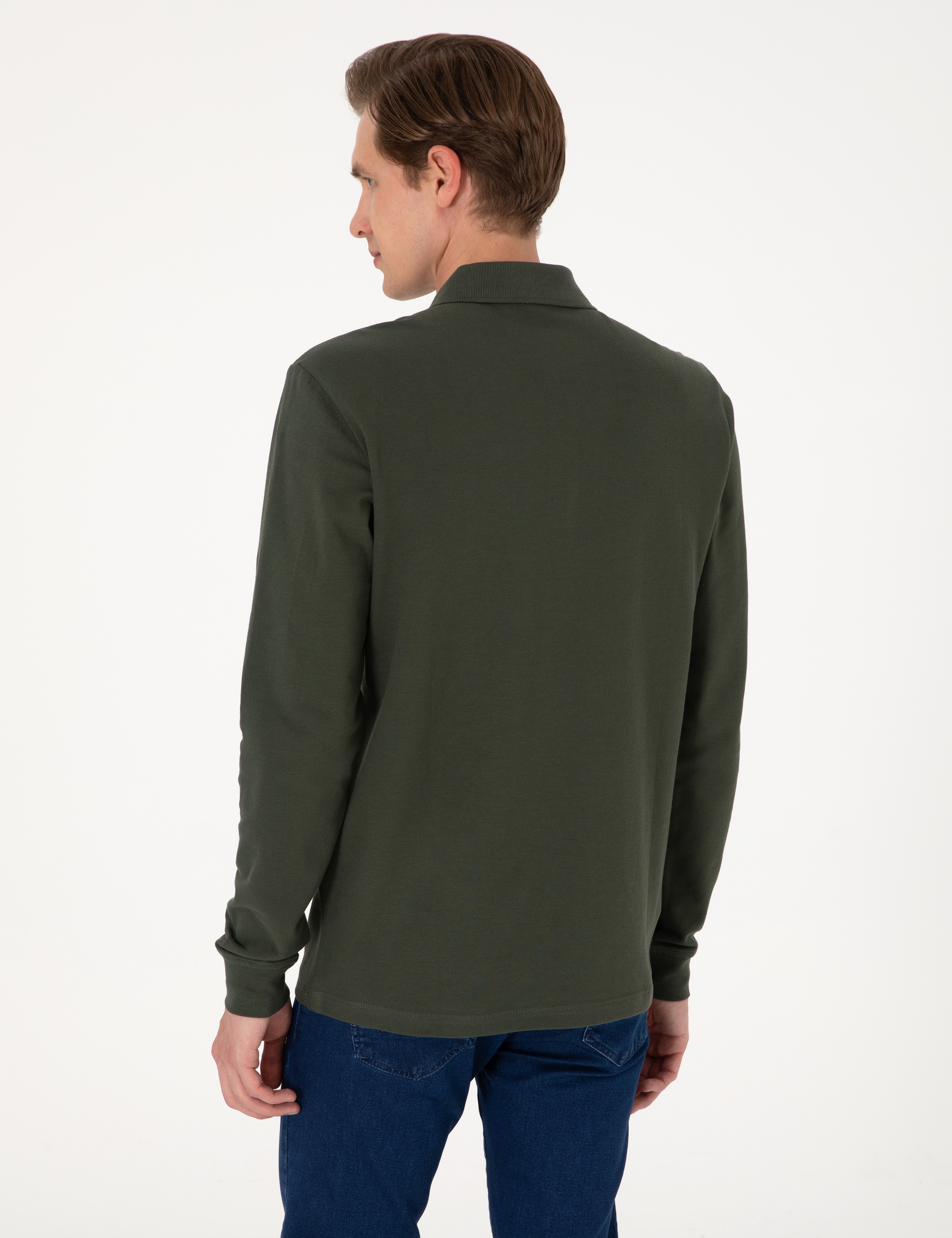 Koyu Yeşil Slim Fit Kıvrılmaz Polo Yaka Basic Pike Sweatshirt - Image 5