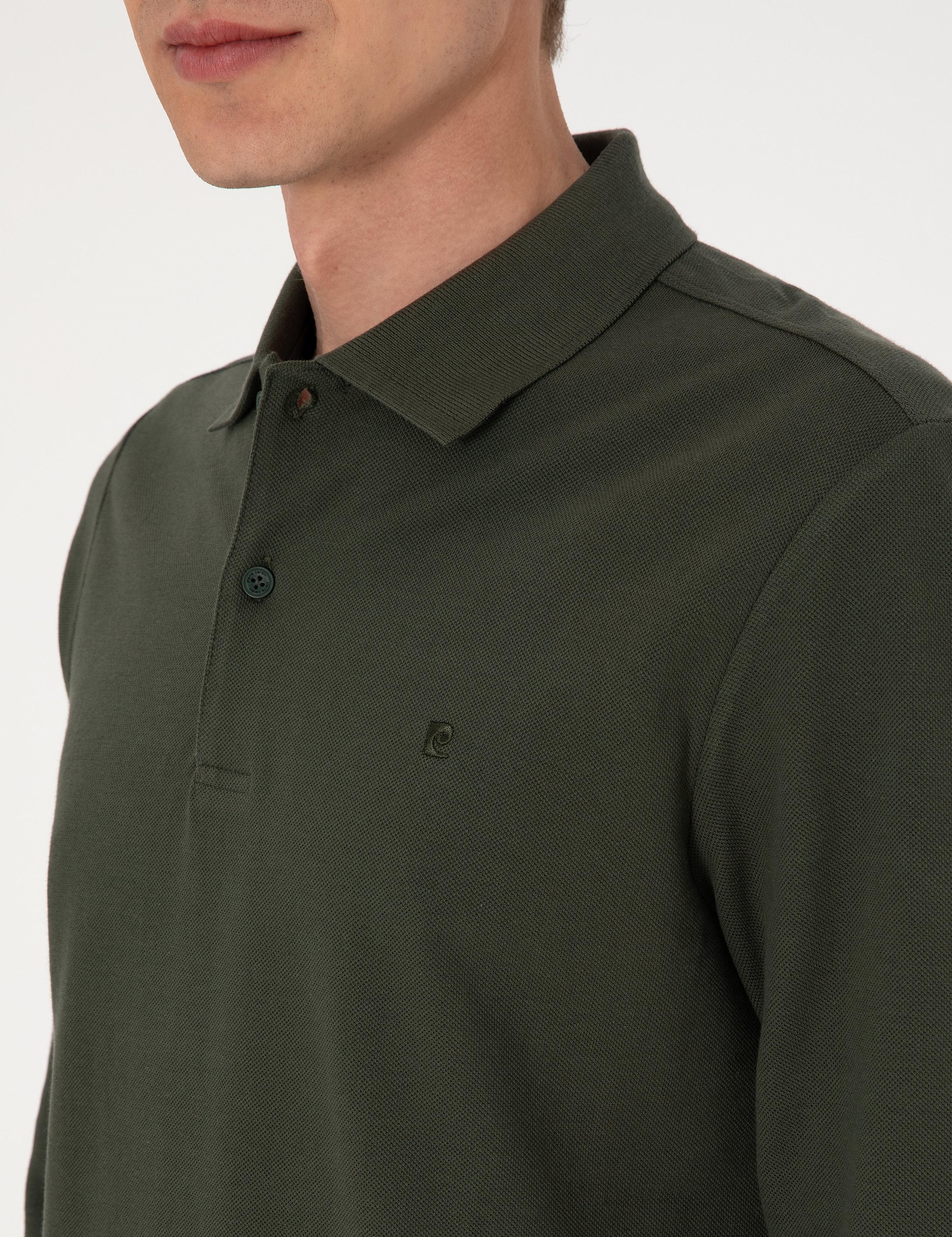 Koyu Yeşil Slim Fit Kıvrılmaz Polo Yaka Basic Pike Sweatshirt