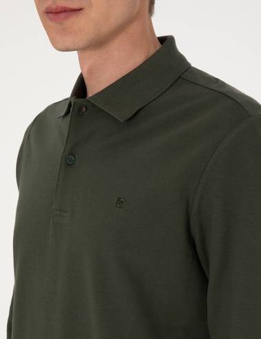 Koyu Yeşil Slim Fit Kıvrılmaz Polo Yaka Basic Pike Sweatshirt