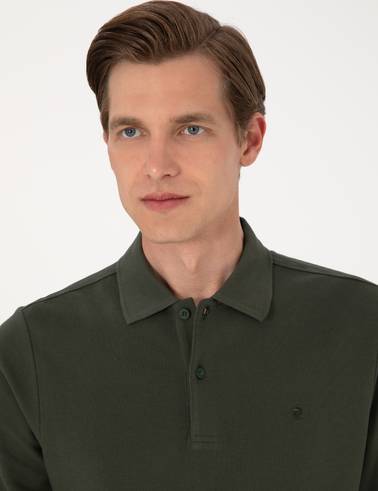 Koyu Yeşil Slim Fit Kıvrılmaz Polo Yaka Basic Pike Sweatshirt
