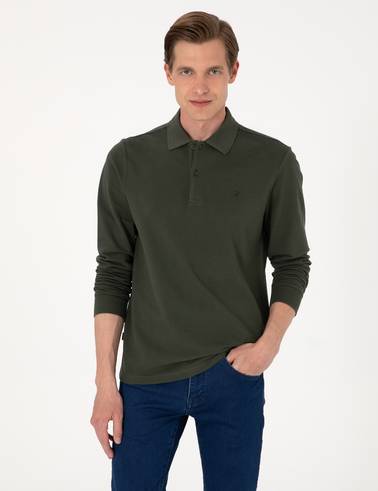 Koyu Yeşil Slim Fit Kıvrılmaz Polo Yaka Basic Pike Sweatshirt