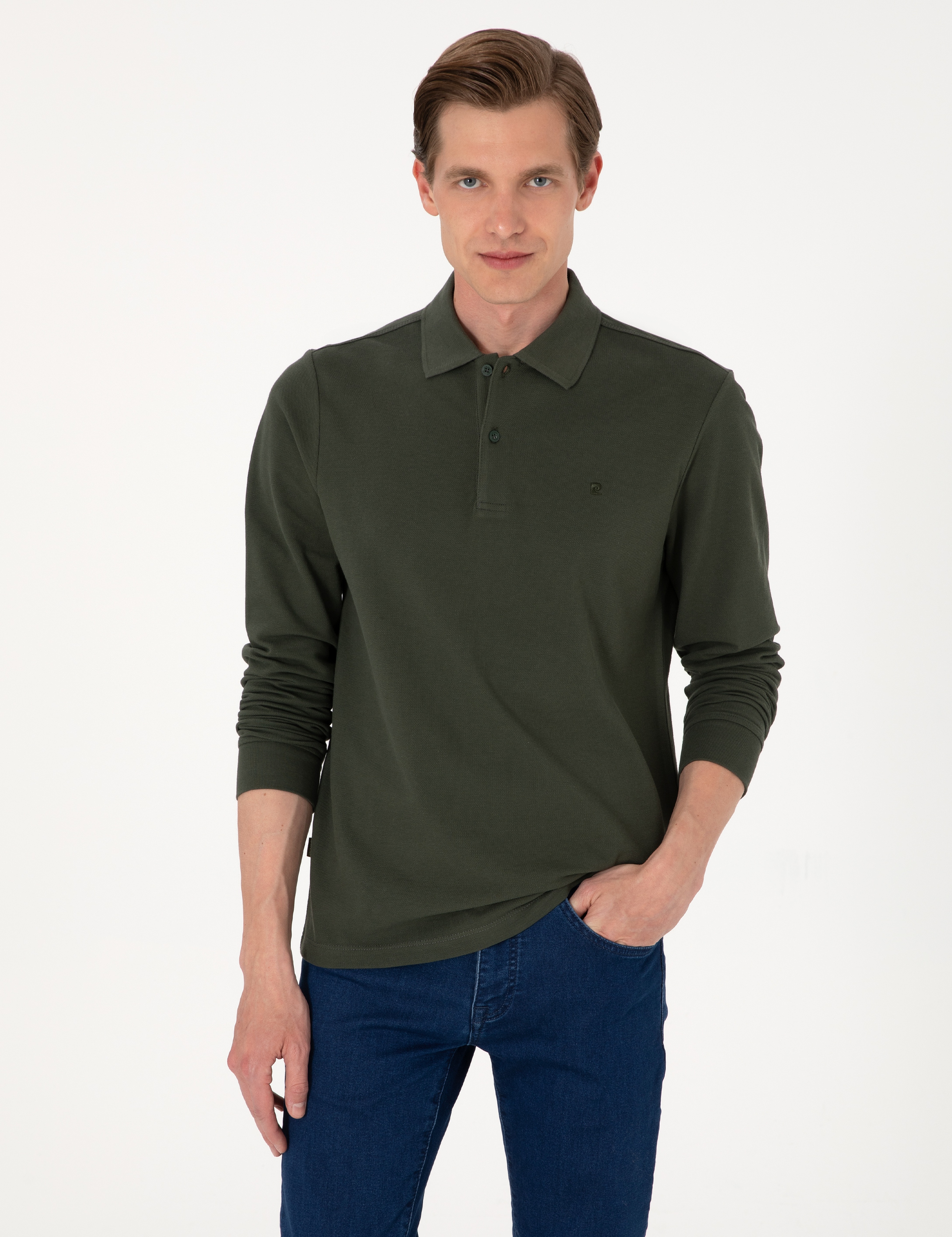Koyu Yeşil Slim Fit Kıvrılmaz Polo Yaka Basic Pike Sweatshirt - Image 1