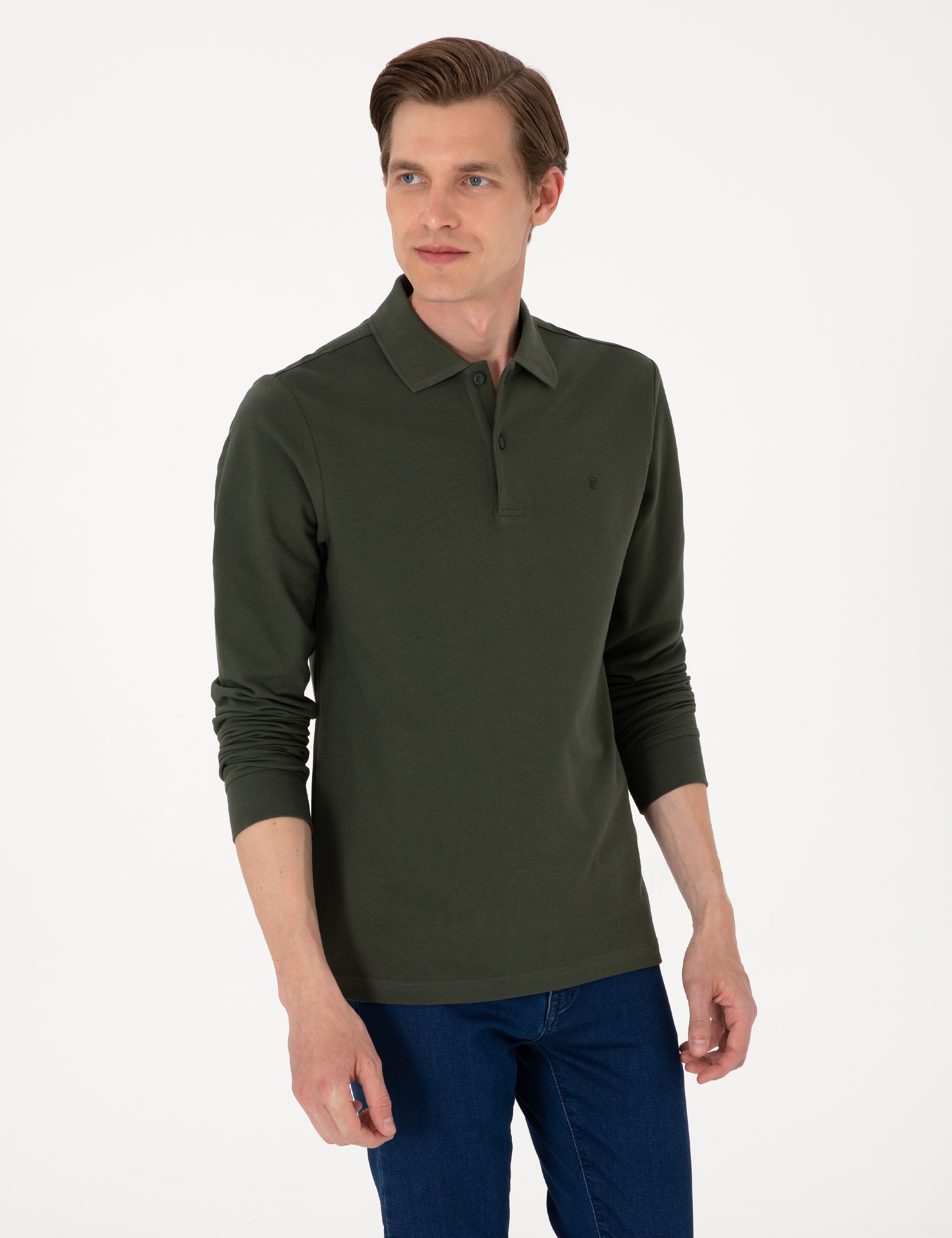 Koyu Yeşil Slim Fit Kıvrılmaz Polo Yaka Basic Pike Sweatshirt - Image 3