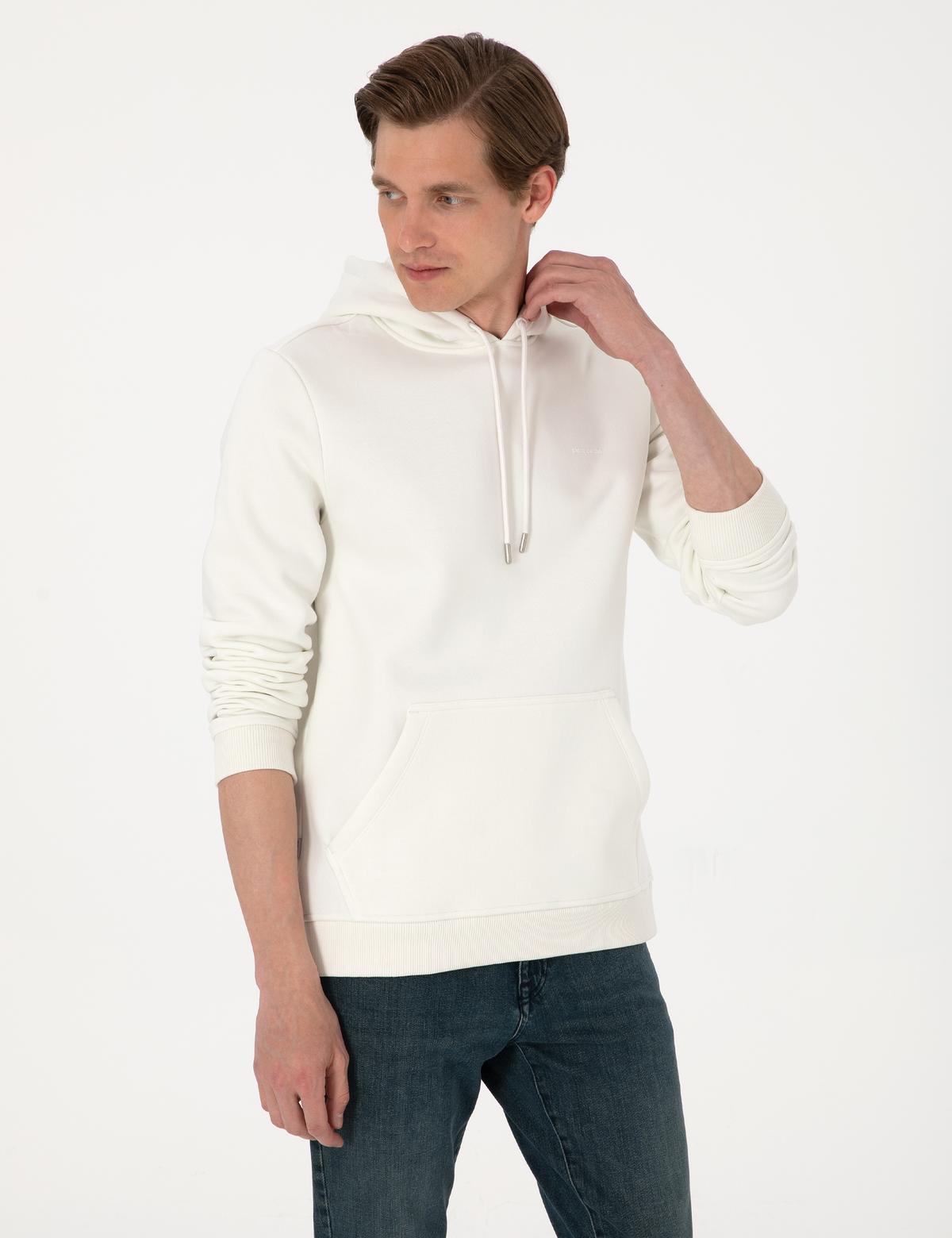 Beyaz 2 İplik Regular Fit İçi Polarlı Kapüşonlu Basic Sweatshirt - 50314055076
