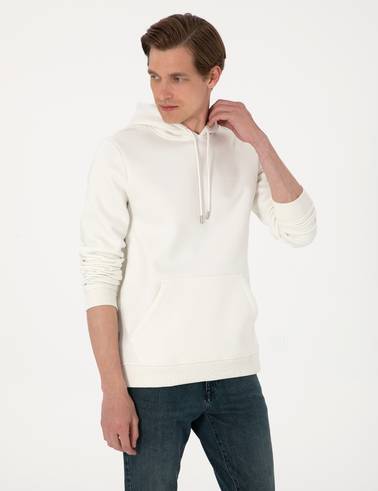 Beyaz 2 İplik Regular Fit Kapüşonlu Basic Sweatshirt
