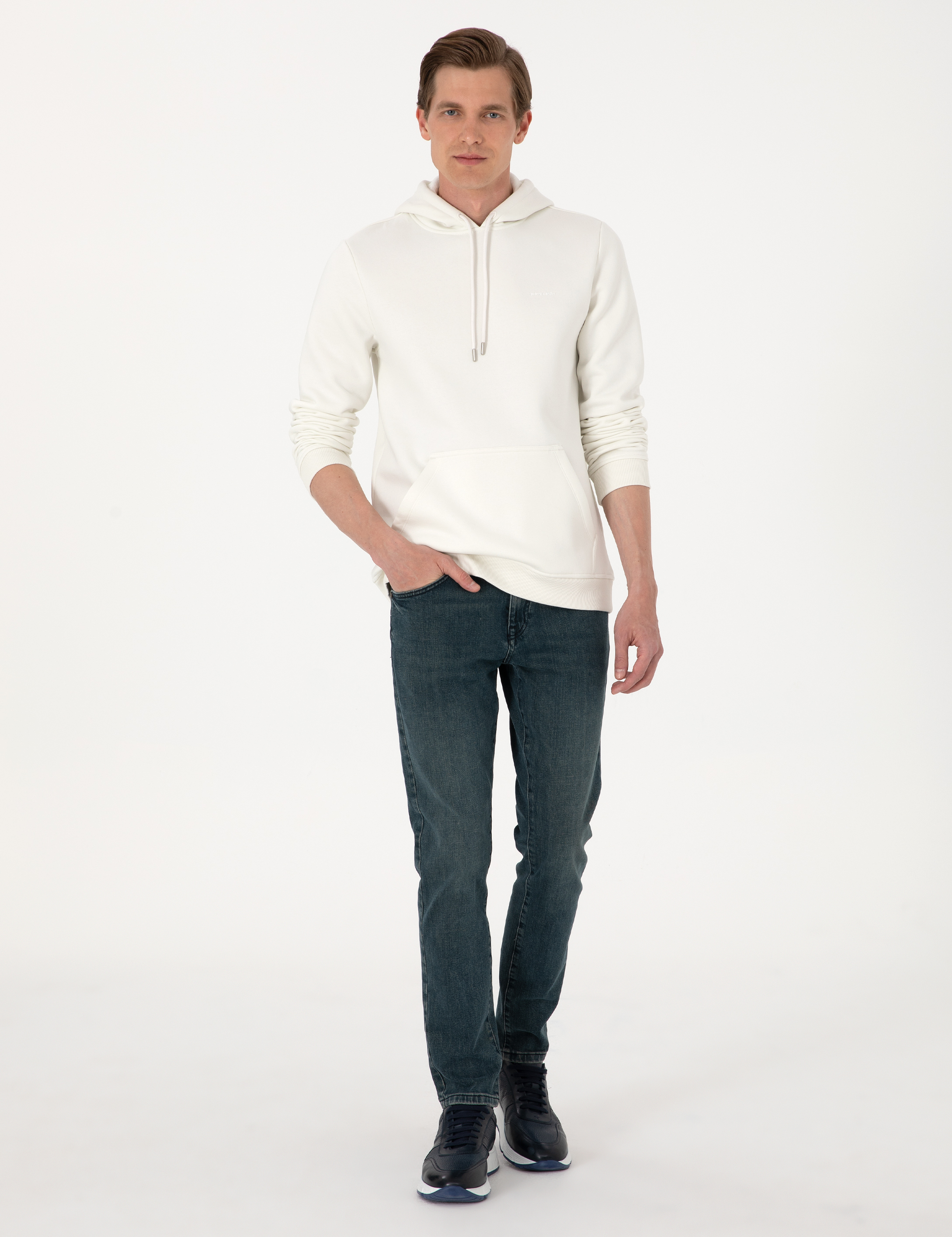 Beyaz 2 İplik Regular Fit Kapüşonlu Basic Sweatshirt - Image 4