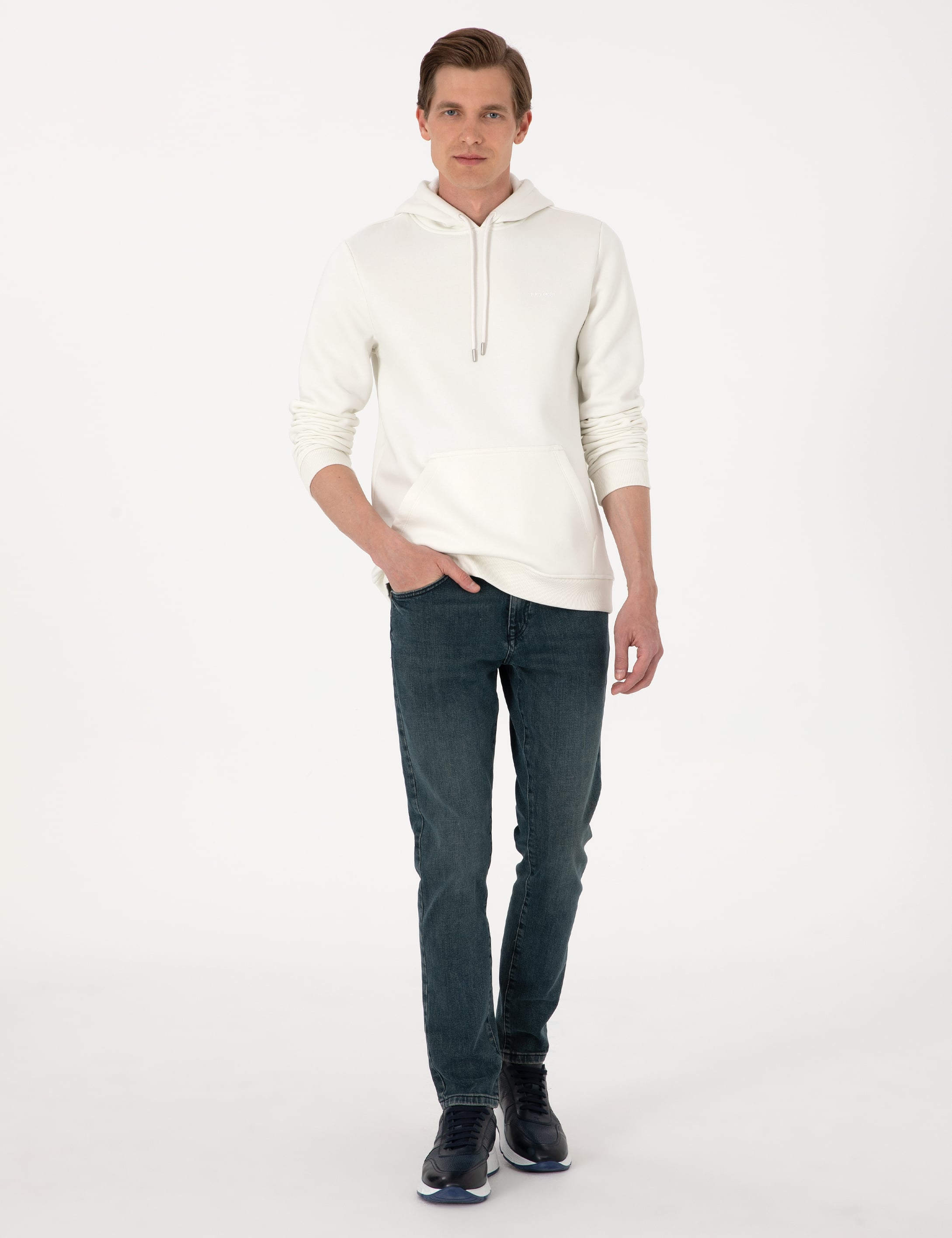 Beyaz 2 İplik Regular Fit Kapüşonlu Basic Sweatshirt
