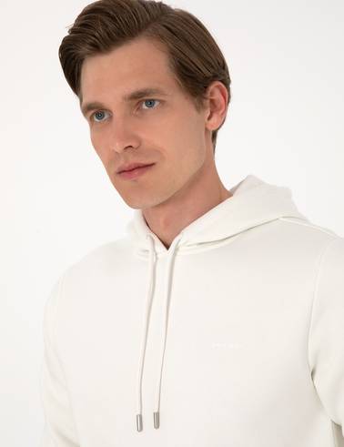 Beyaz 2 İplik Regular Fit Kapüşonlu Basic Sweatshirt