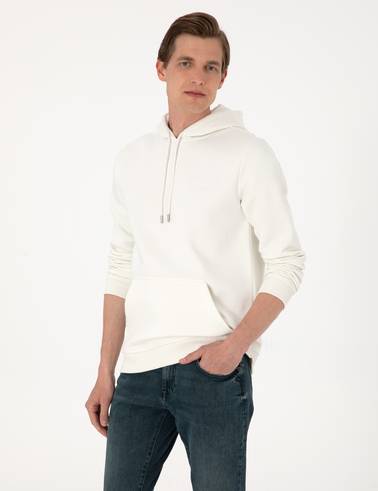 Beyaz 2 İplik Regular Fit Kapüşonlu Basic Sweatshirt
