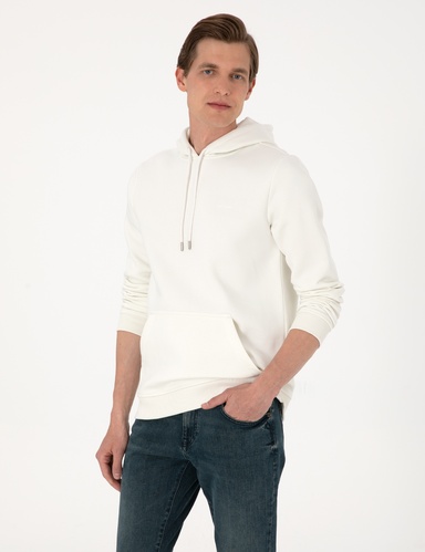 Beyaz 2 İplik Regular Fit Kapüşonlu Basic Sweatshirt