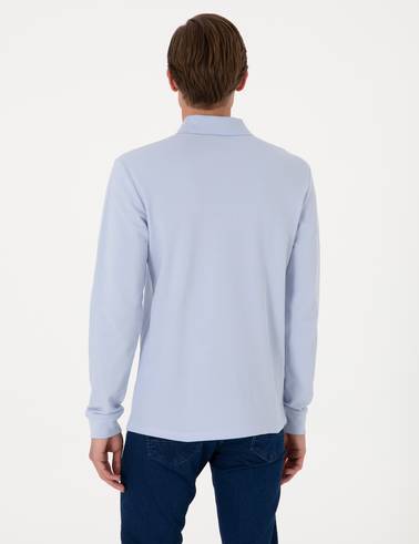 Açık Mavi Slim Fit Kıvrılmaz Polo Yaka Basic Pike Sweatshirt