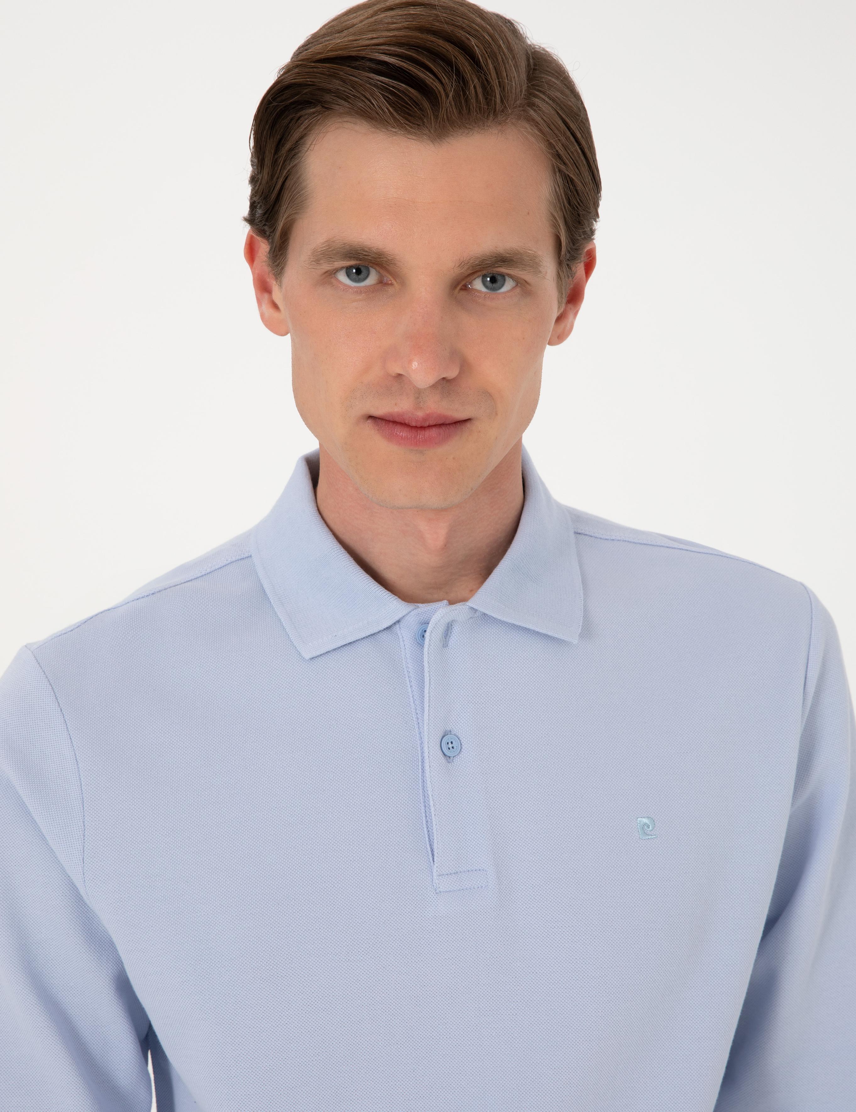 Açık Mavi Slim Fit Kıvrılmaz Polo Yaka Basic Pike Sweatshirt