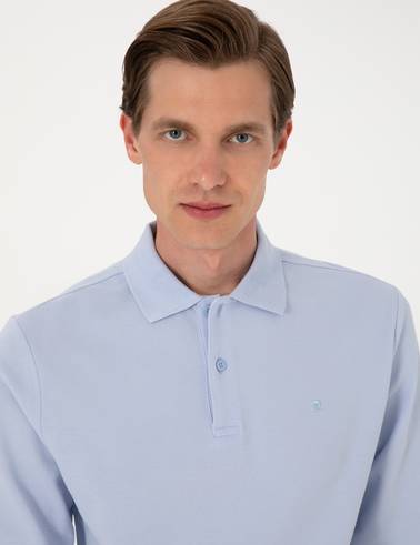 Açık Mavi Slim Fit Kıvrılmaz Polo Yaka Basic Pike Sweatshirt