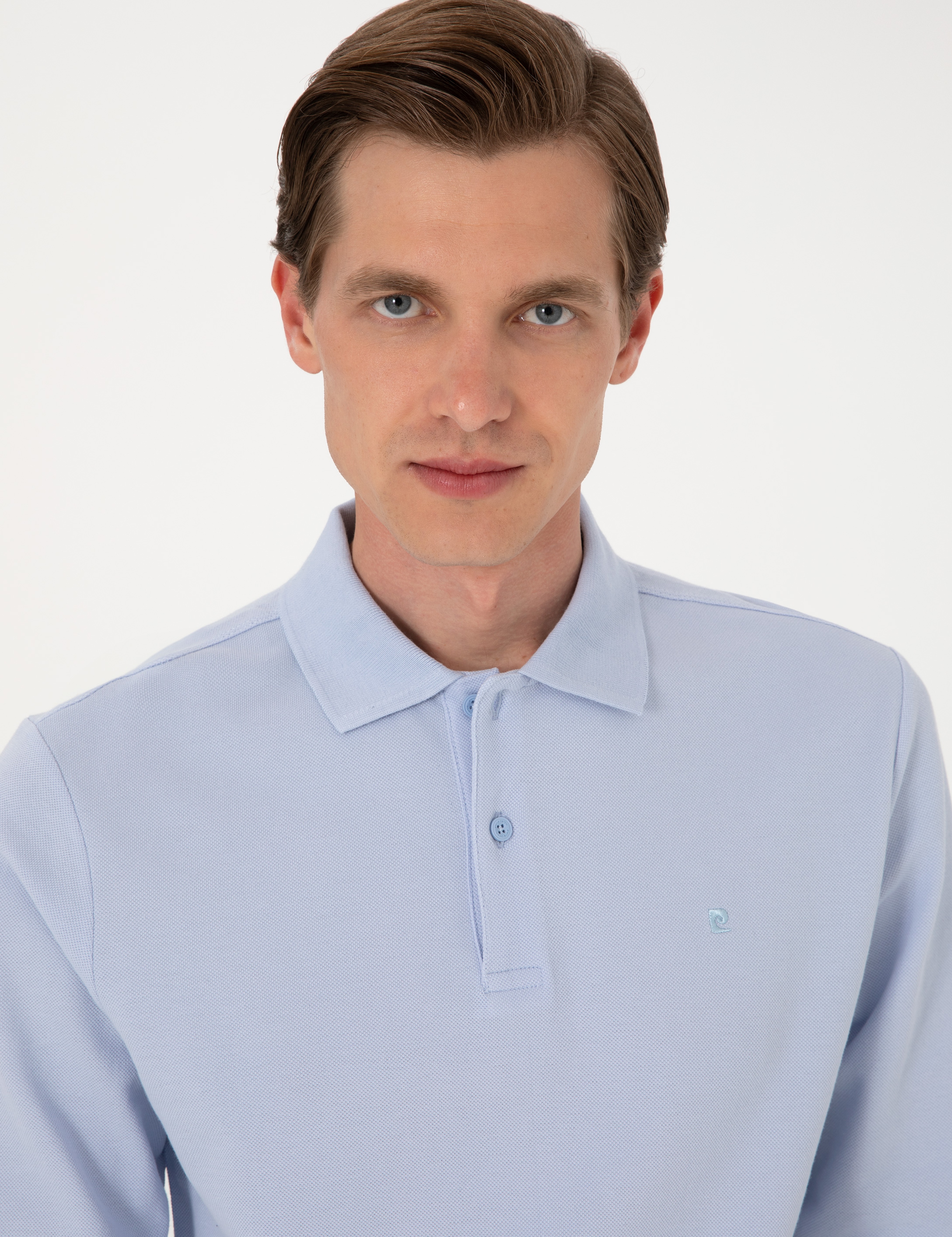 Açık Mavi Slim Fit Kıvrılmaz Polo Yaka Basic Pike Sweatshirt - Image 2