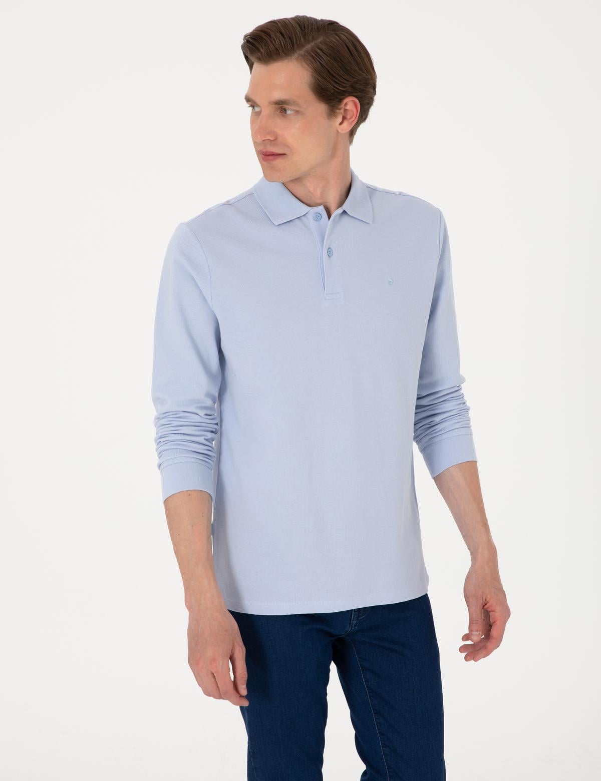 Açık Mavi Slim Fit Kıvrılmaz Polo Yaka Basic Pike Sweatshirt - 50314048166