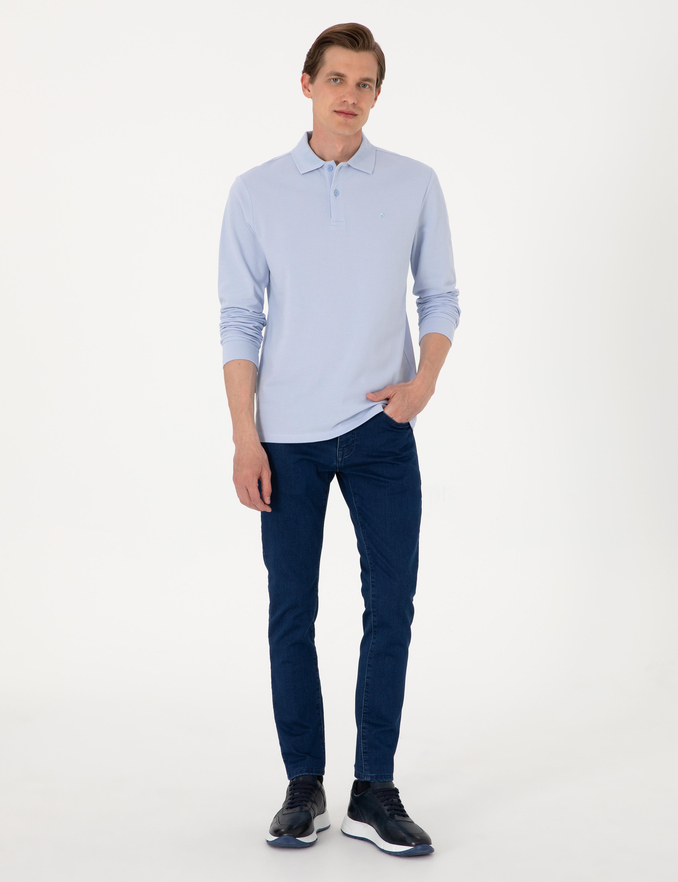 Açık Mavi Slim Fit Kıvrılmaz Polo Yaka Basic Pike Sweatshirt