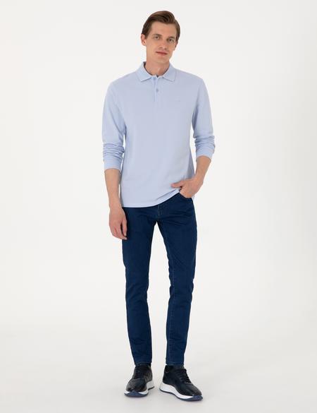 Açık Mavi Slim Fit Kıvrılmaz Polo Yaka Basic Pike Sweatshirt - 50314048166