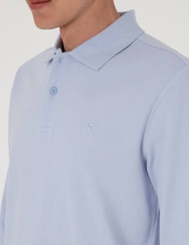 Açık Mavi Slim Fit Kıvrılmaz Polo Yaka Basic Pike Sweatshirt