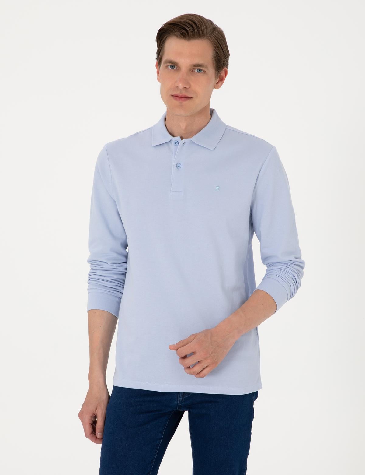 Açık Mavi Slim Fit Kıvrılmaz Polo Yaka Basic Pike Sweatshirt
