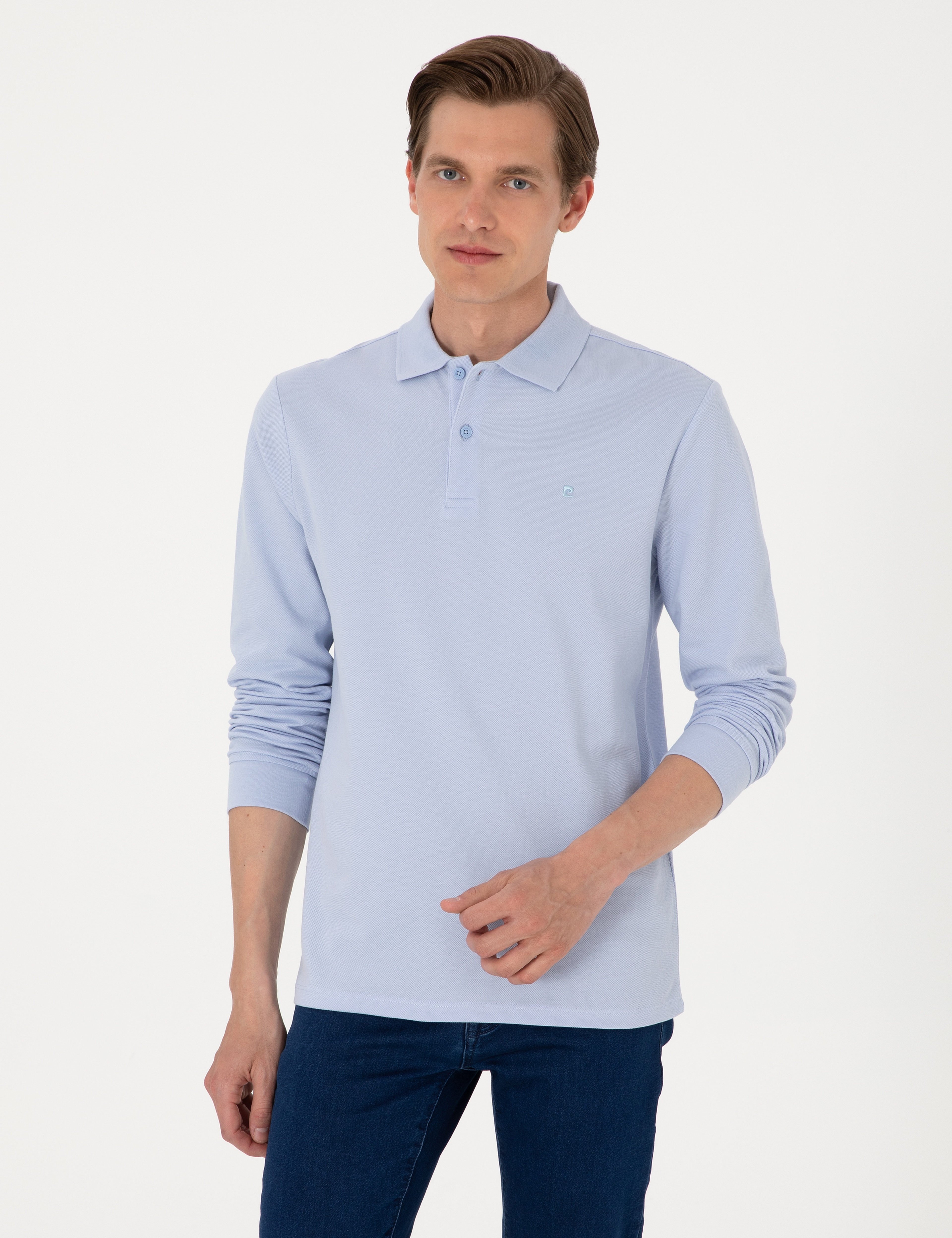 Açık Mavi Slim Fit Kıvrılmaz Polo Yaka Basic Pike Sweatshirt
