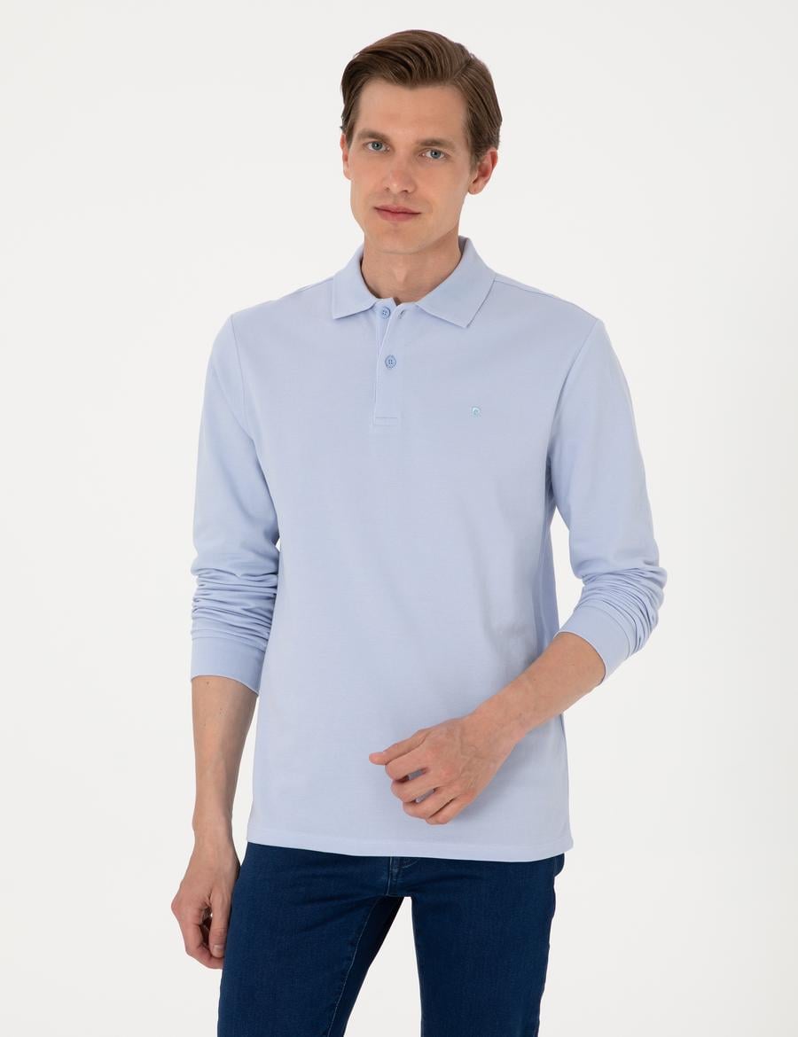 Açık Mavi Slim Fit Kıvrılmaz Polo Yaka Basic Pike Sweatshirt