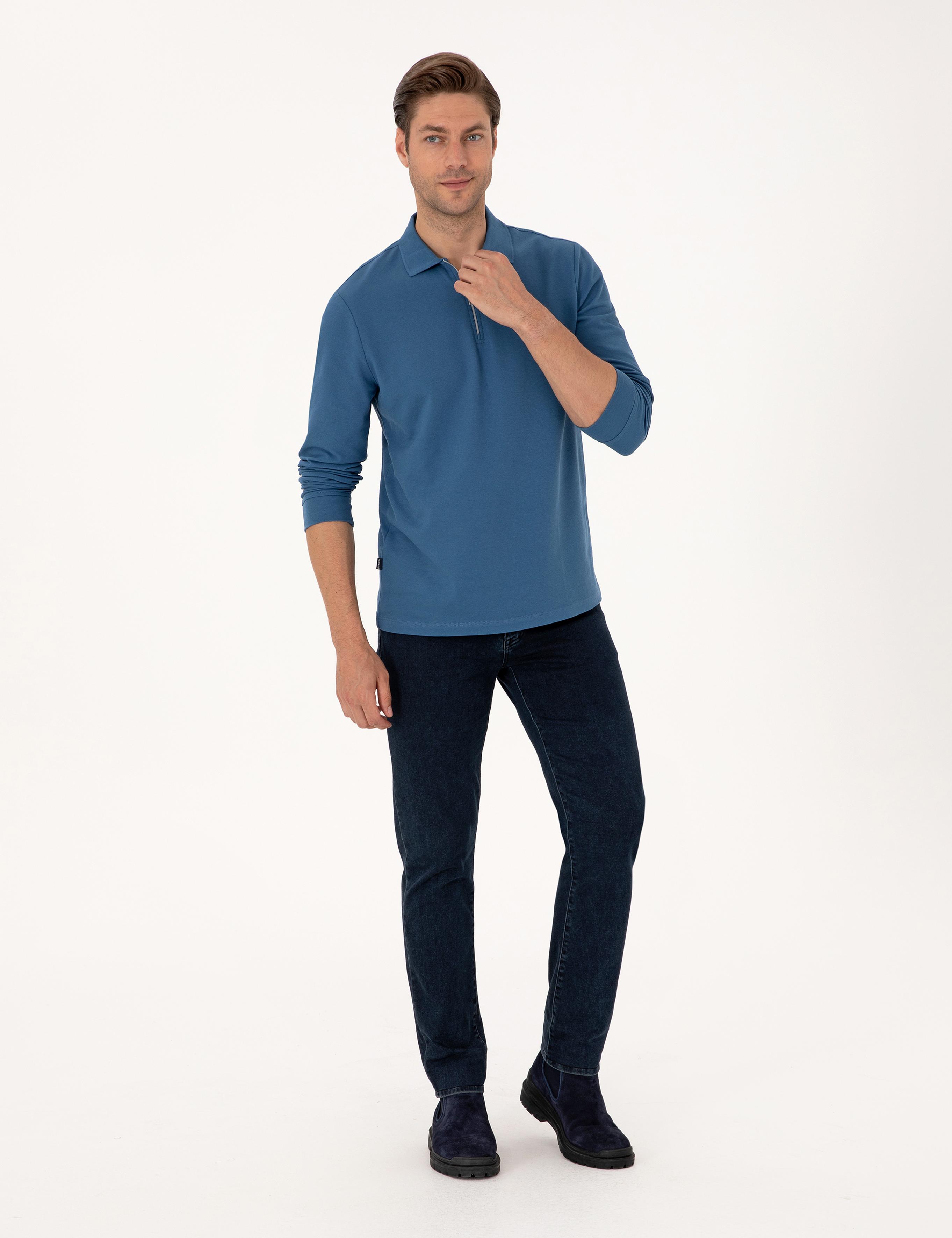 Açık Lacivert Slim Fit Kıvrılmaz Fermuarlı Polo Yaka Basic Pike Sweatshirt