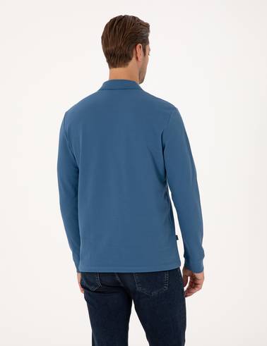 Açık Lacivert Slim Fit Kıvrılmaz Fermuarlı Polo Yaka Basic Pike Sweatshirt
