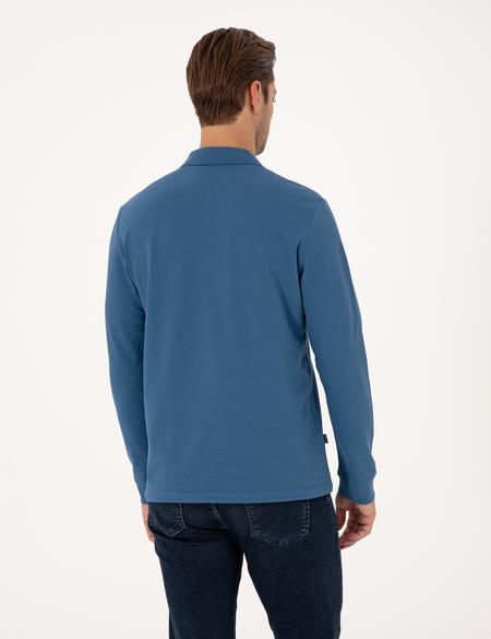 Açık Lacivert Slim Fit Kıvrılmaz Fermuarlı Polo Yaka Basic Pike Sweatshirt - 50314046027