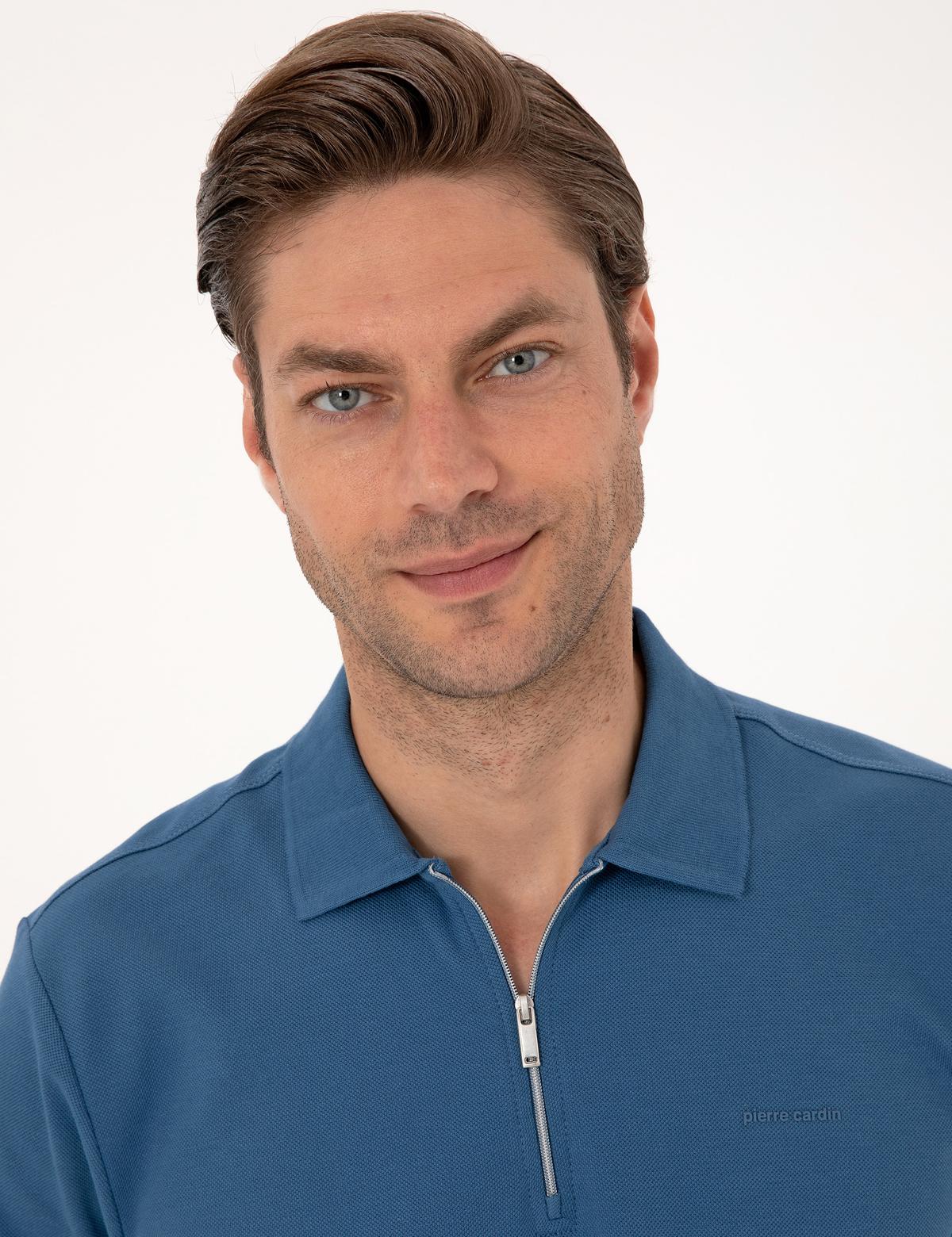 Açık Lacivert Slim Fit Kıvrılmaz Fermuarlı Polo Yaka Basic Pike Sweatshirt - 50314046027