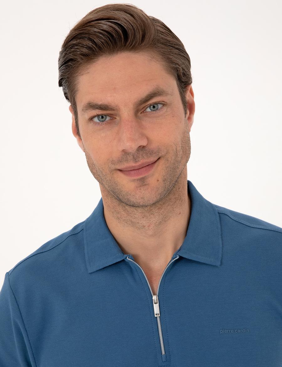 Açık Lacivert Slim Fit Kıvrılmaz Fermuarlı Polo Yaka Basic Pike Sweatshirt