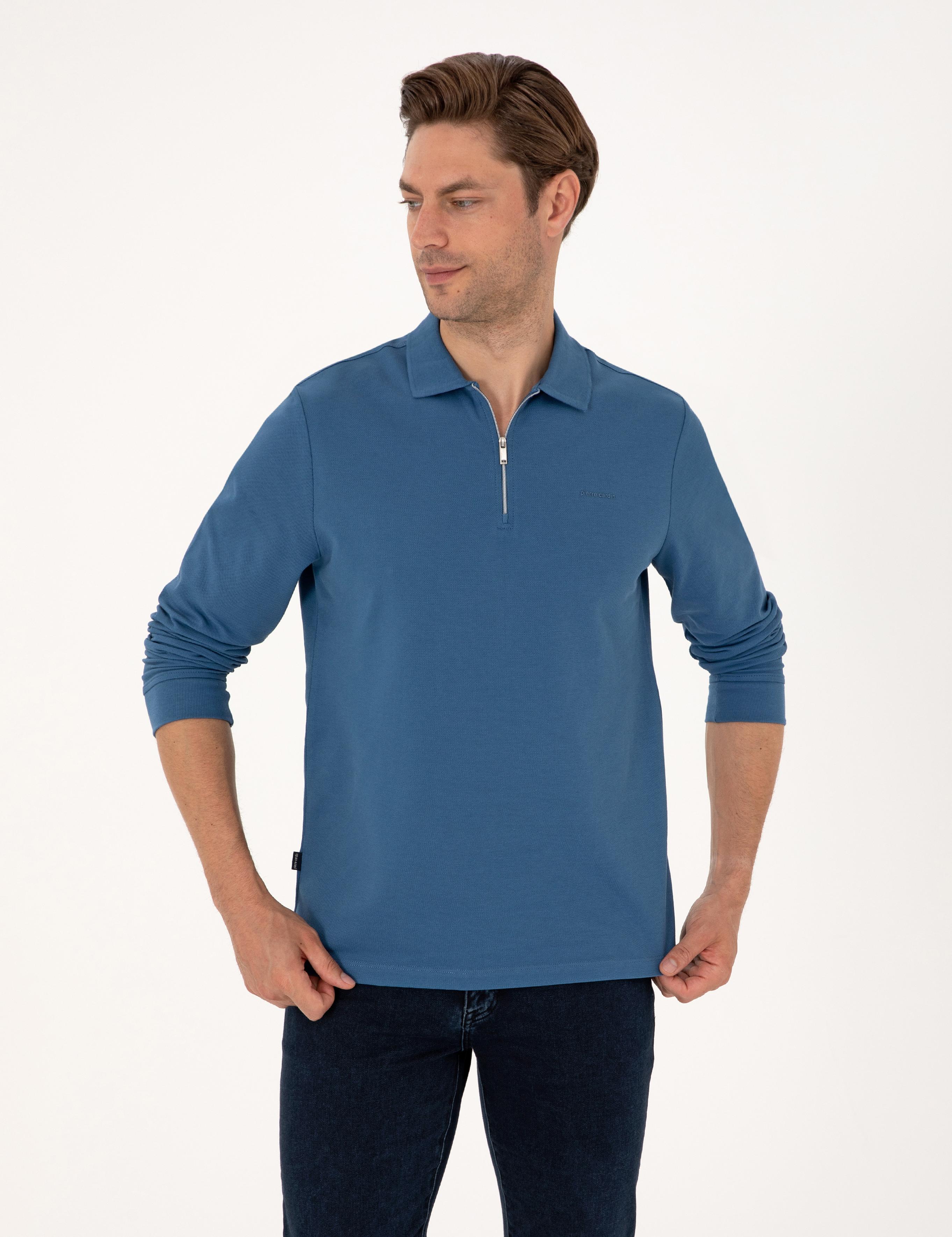 Açık Lacivert Slim Fit Kıvrılmaz Fermuarlı Polo Yaka Basic Pike Sweatshirt