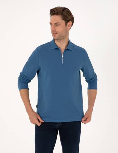 Açık Lacivert Slim Fit Kıvrılmaz Fermuarlı Polo Yaka Basic Pike Sweatshirt