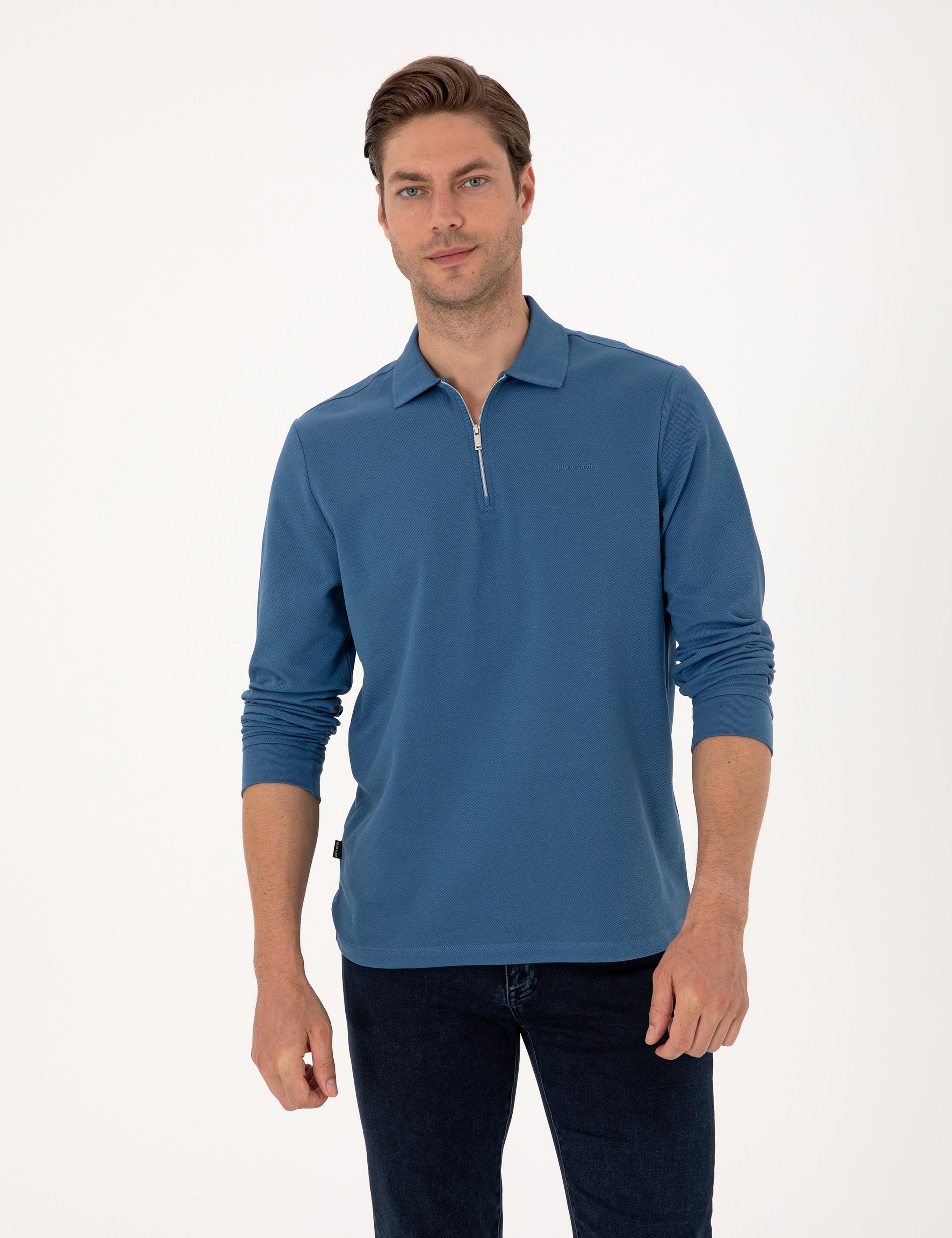 Açık Lacivert Slim Fit Kıvrılmaz Fermuarlı Polo Yaka Basic Pike Sweatshirt