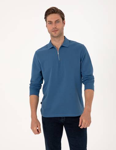 Açık Lacivert Slim Fit Kıvrılmaz Fermuarlı Polo Yaka Basic Pike Sweatshirt