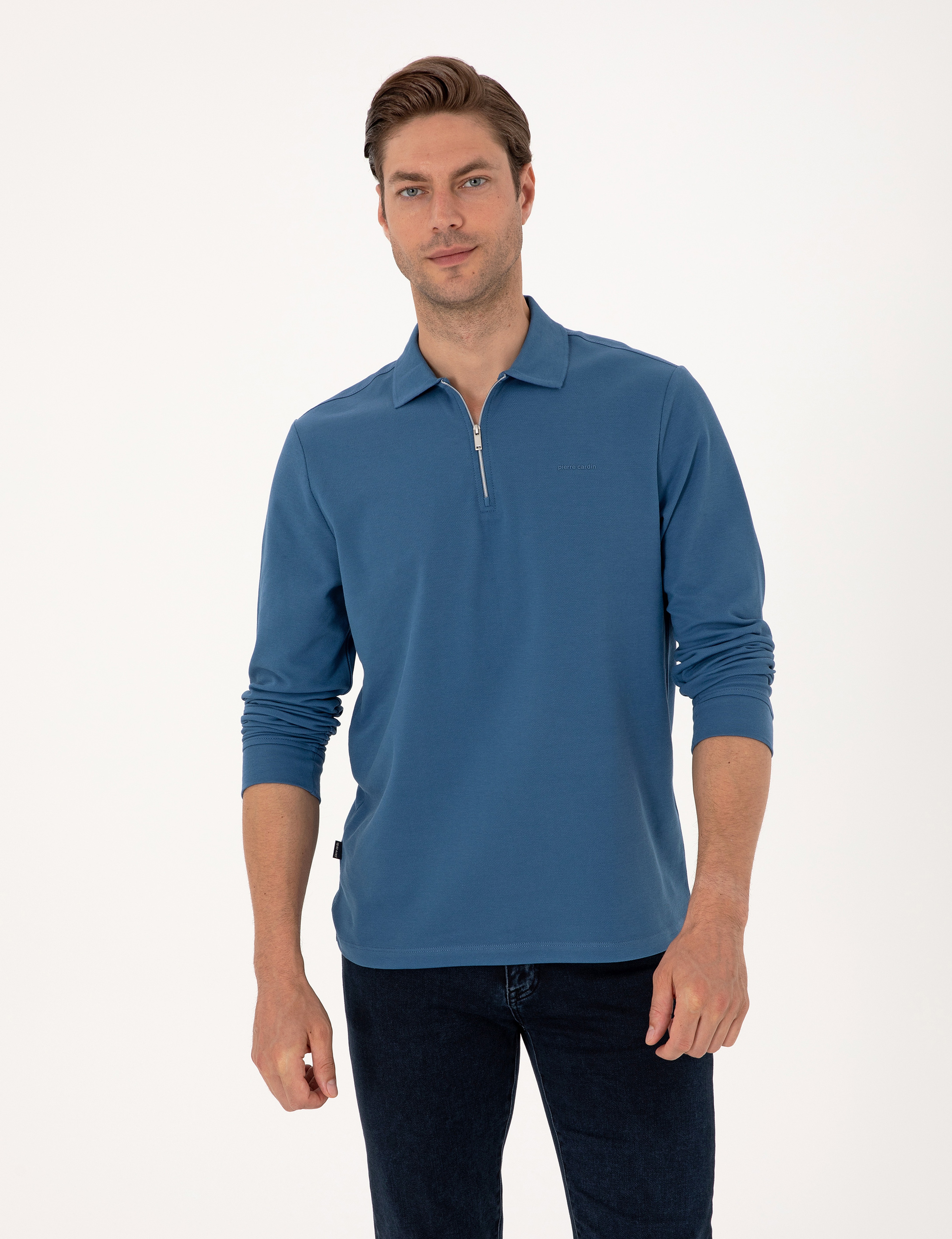 Açık Lacivert Slim Fit Kıvrılmaz Fermuarlı Polo Yaka Basic Pike Sweatshirt