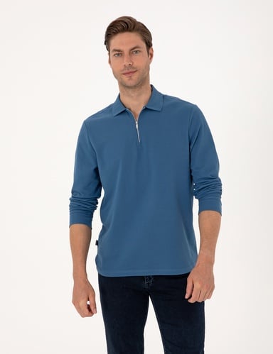 Açık Lacivert Slim Fit Kıvrılmaz Fermuarlı Polo Yaka Basic Pike Sweatshirt