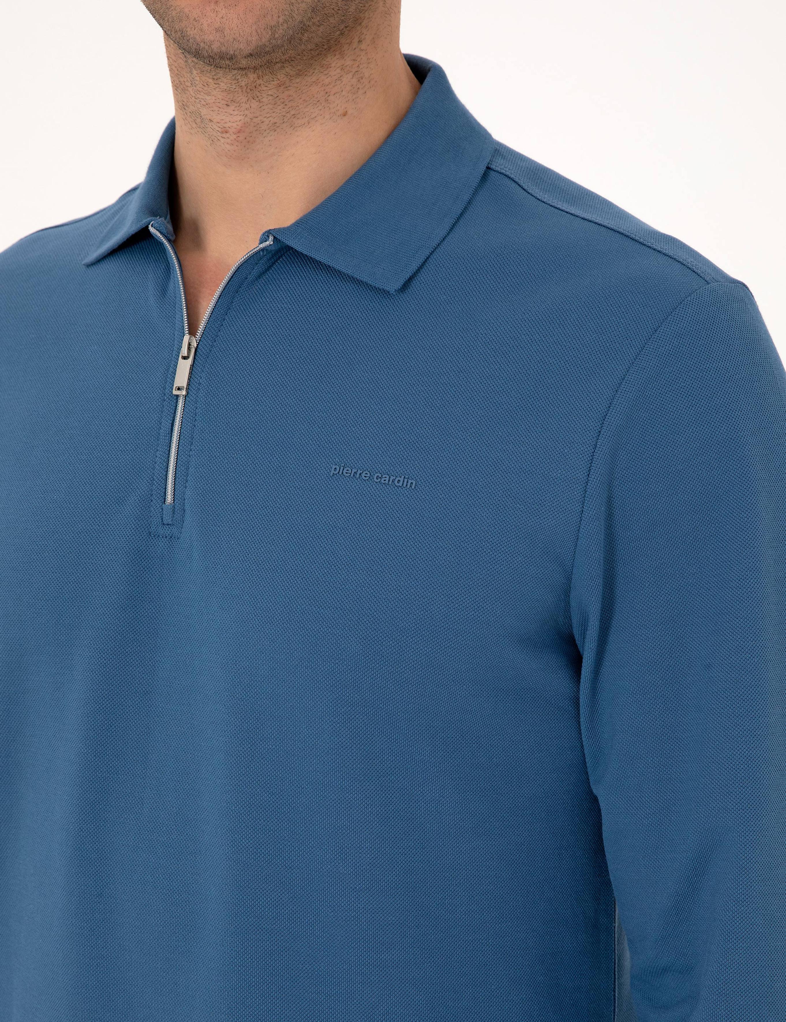 Açık Lacivert Slim Fit Kıvrılmaz Fermuarlı Polo Yaka Basic Pike Sweatshirt