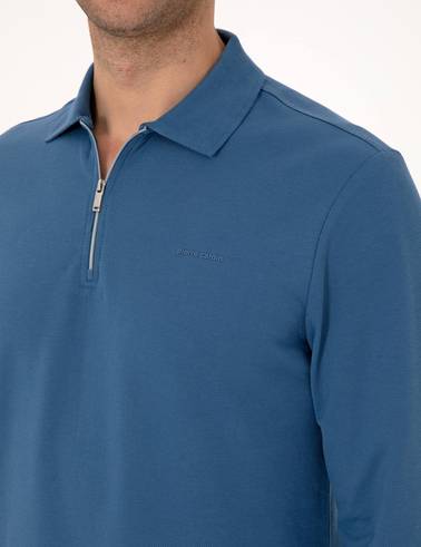 Açık Lacivert Slim Fit Kıvrılmaz Fermuarlı Polo Yaka Basic Pike Sweatshirt