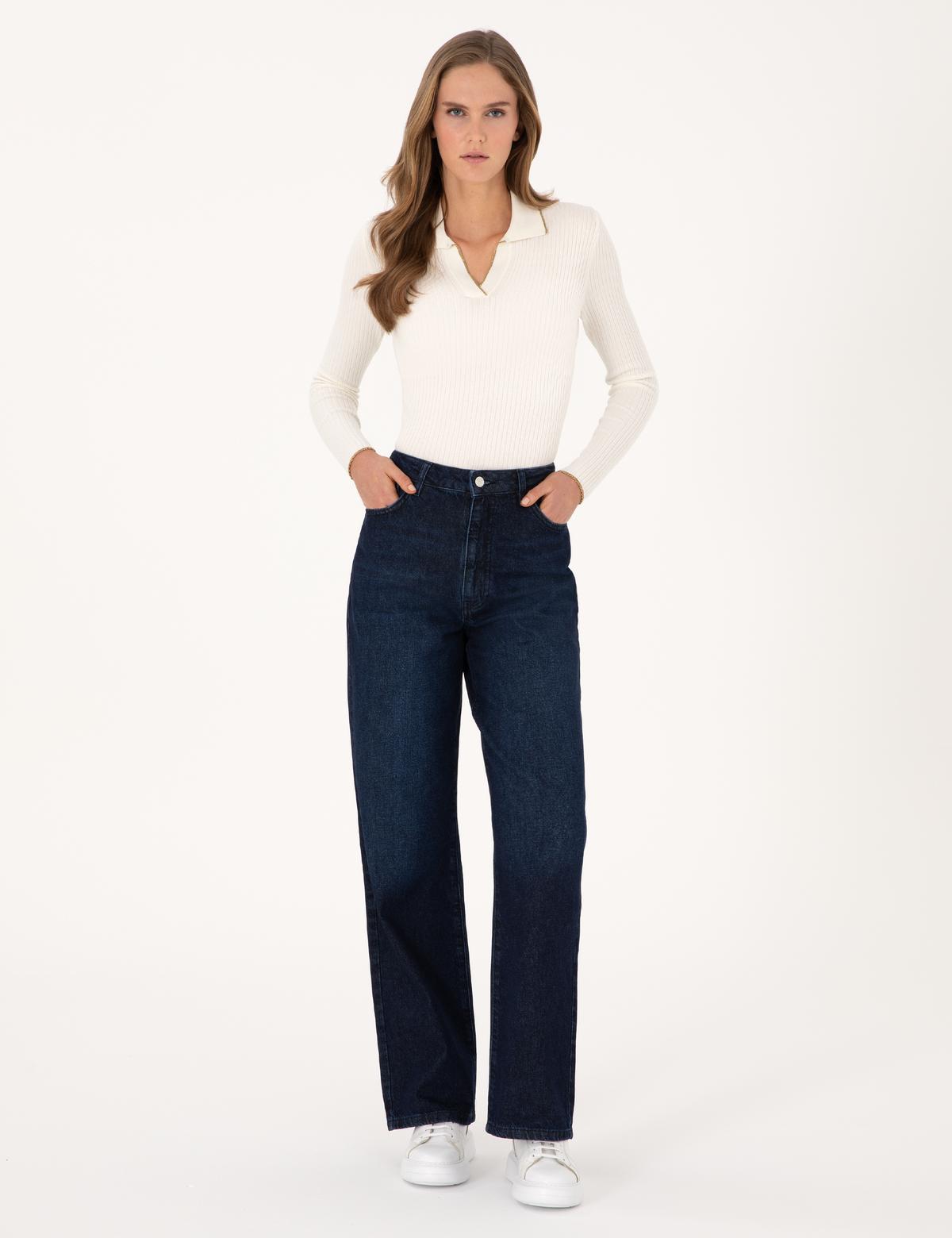 Lacivert Waist Flare Fit Jean Pantolon
