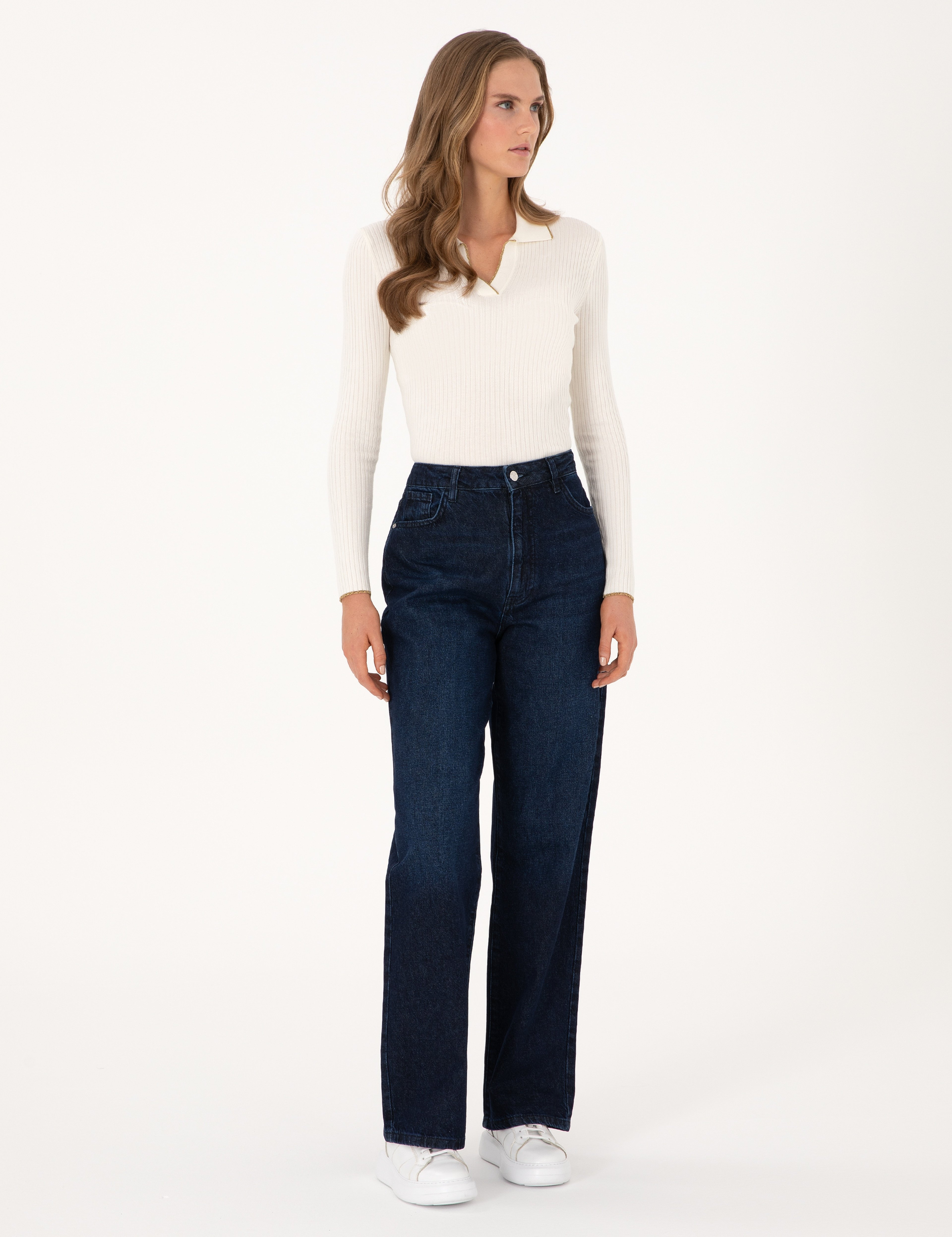 Lacivert Waist Flare Fit Jean Pantolon