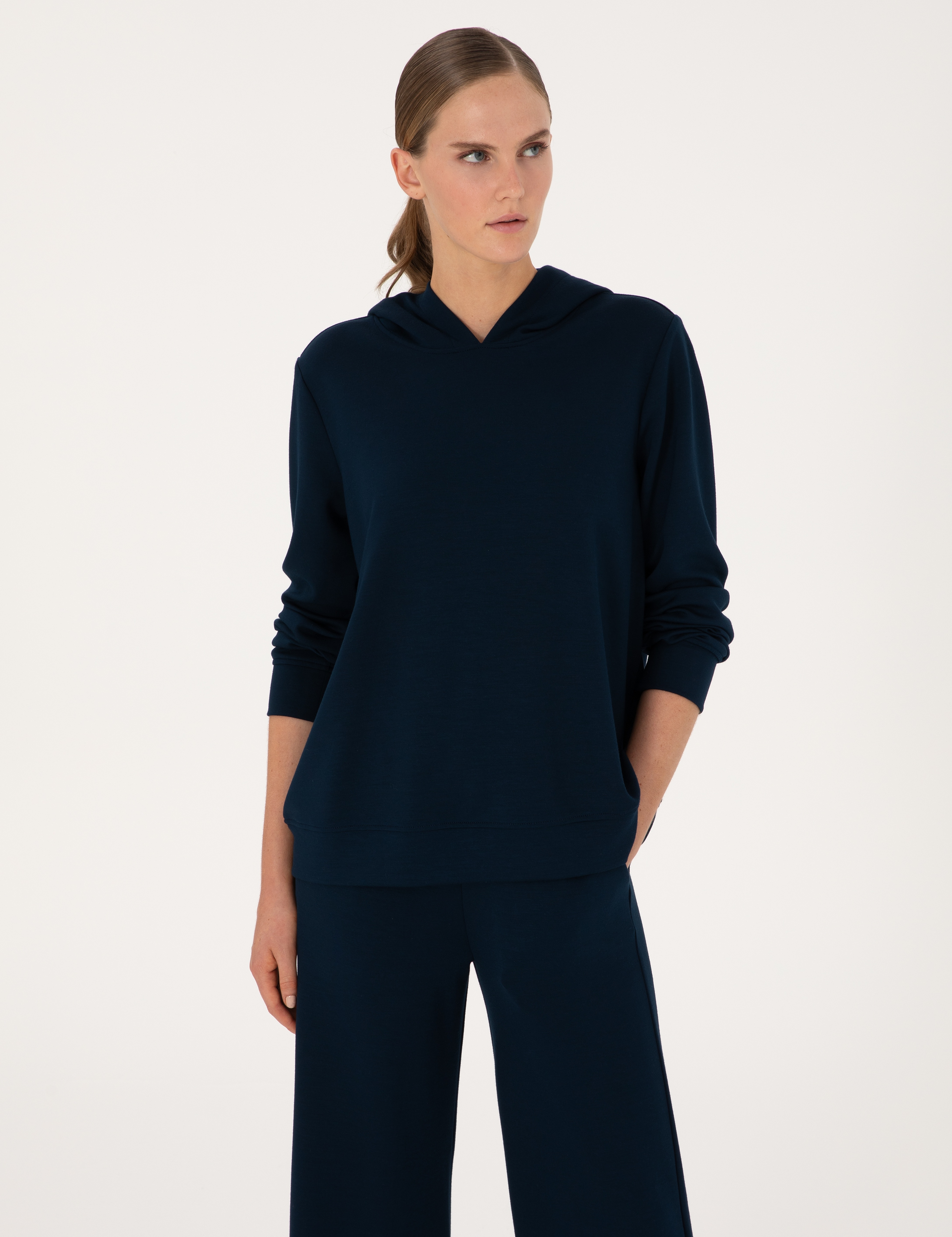 Lacivert Oversize Modal Karışımlı Kapüşonlu Sweatshirt - Image 3