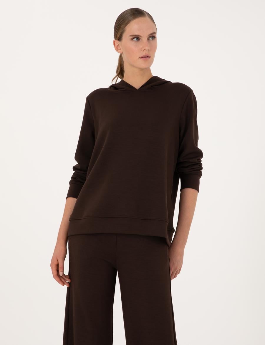 Kahverengi Oversize Modal Karışımlı Kapüşonlu Sweatshirt