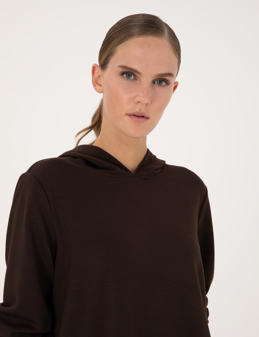 Kahverengi Oversize Modal Karışımlı Kapüşonlu Sweatshirt