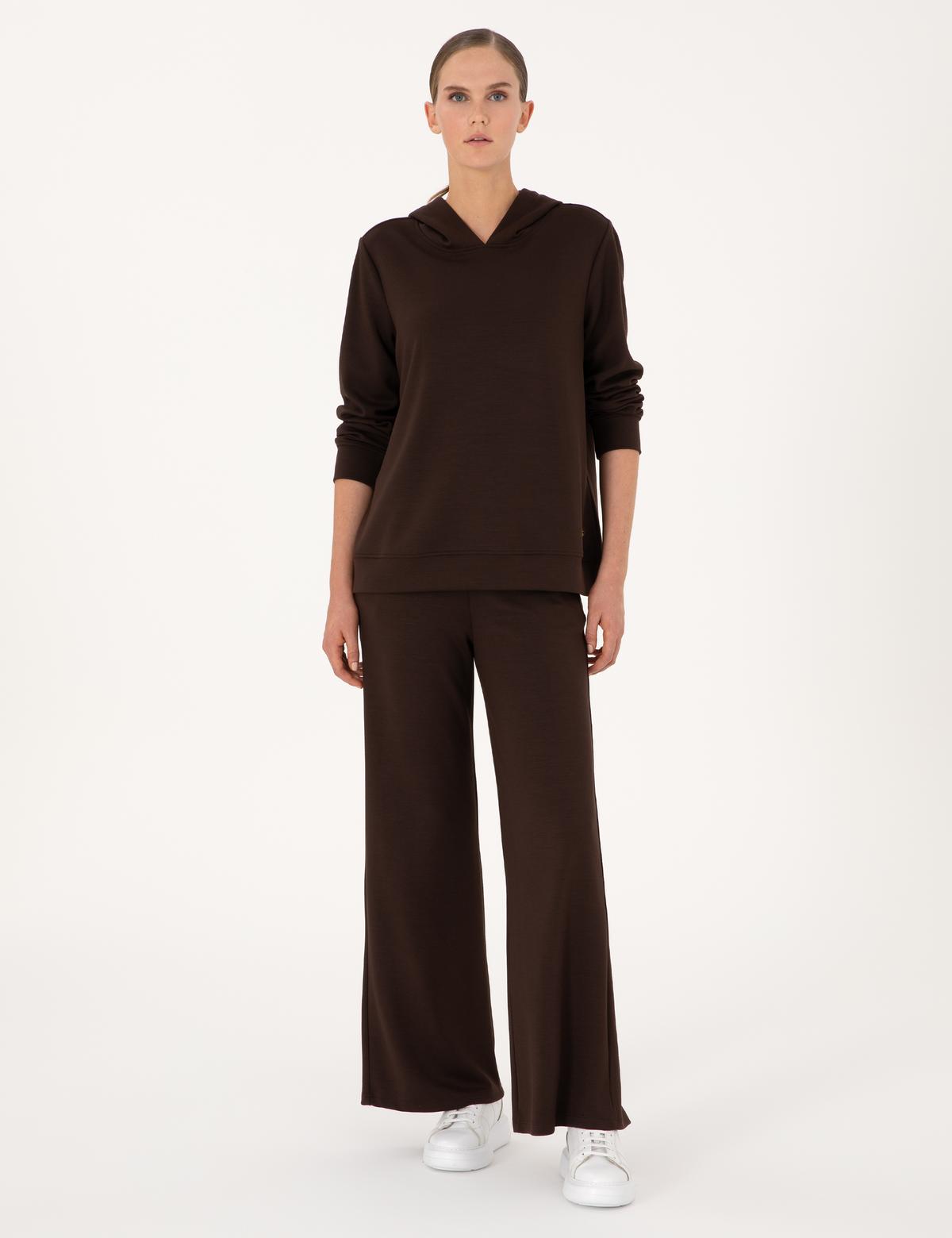 Kahverengi Oversize Modal Karışımlı Kapüşonlu Sweatshirt - 50314972026