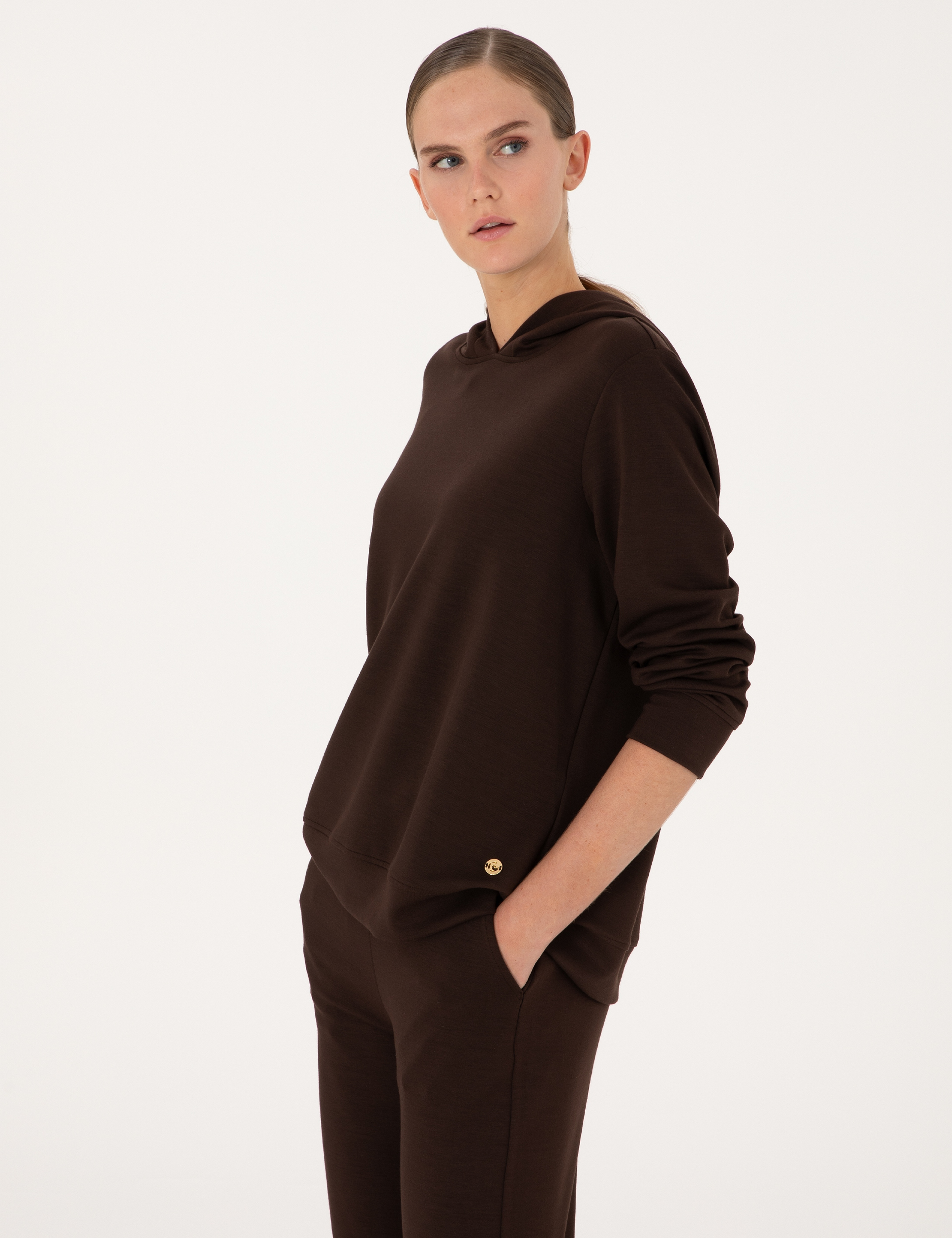 Kahverengi Oversize Modal Karışımlı Kapüşonlu Sweatshirt - Image 3