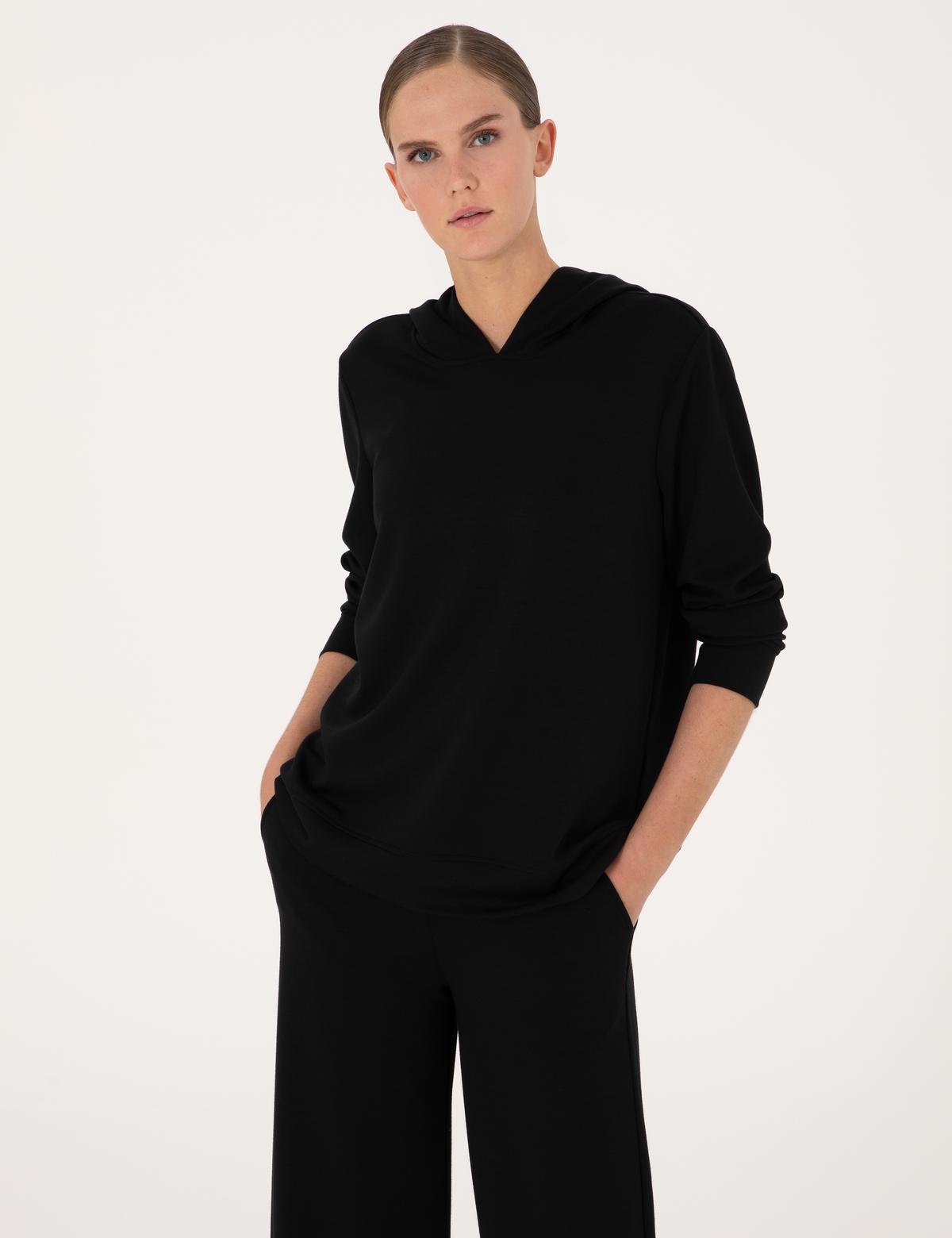 Siyah Oversize Modal Karışımlı Kapüşonlu Sweatshirt - 50314972017